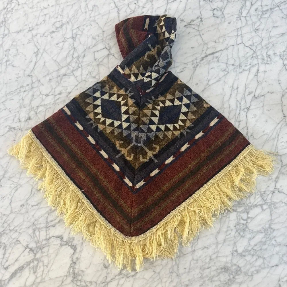 Kids Poncho Sz 4-6Y Geometric Patterned Hooded Poncho Fringe Tejidos Mary